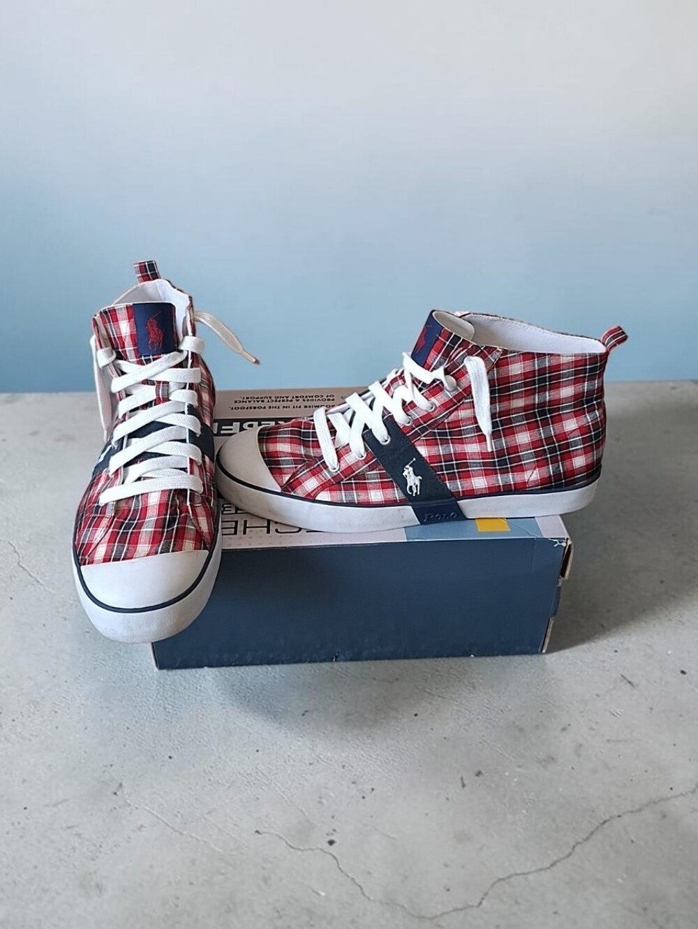 Polo by Ralph Lauren Plaid Canvas High Top Sneakers Red/White/Blue US 14 D